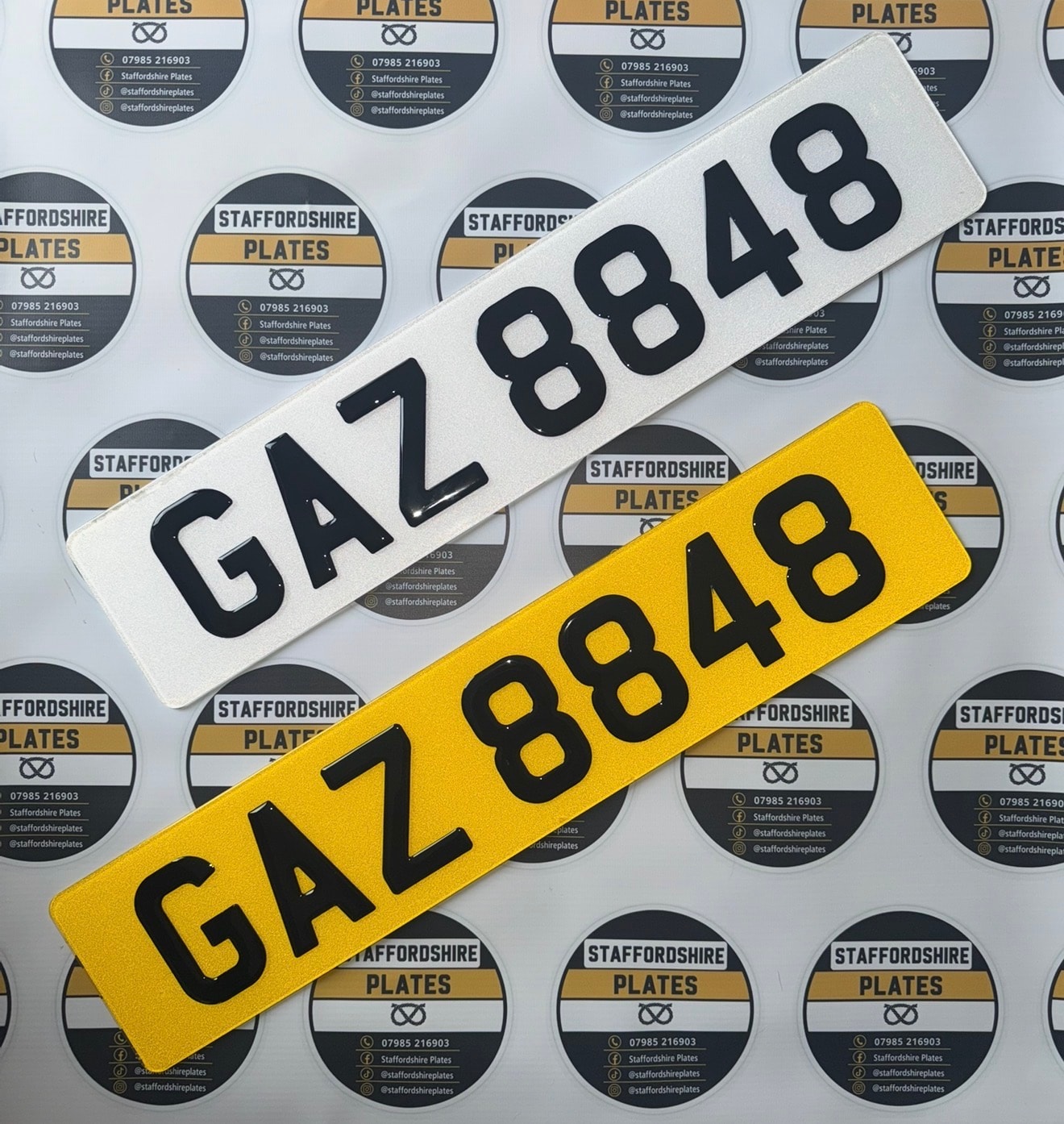 White and yellow GAZ 8848 raised-letter number plates