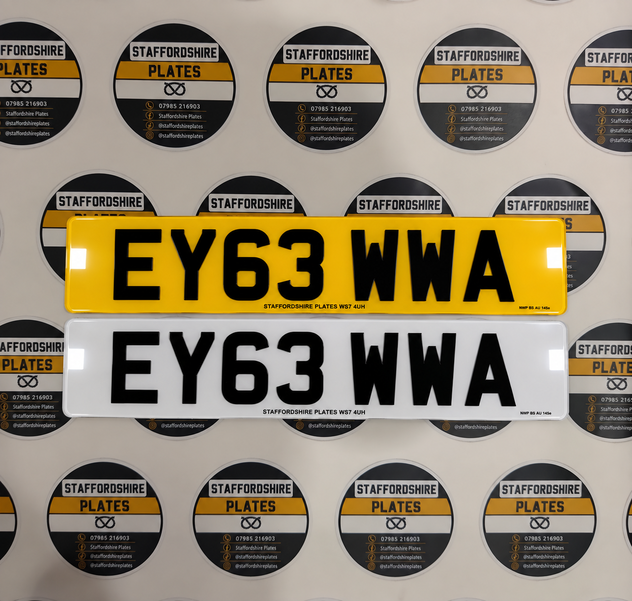 White and yellow 2D printed Staffordshire Plates registration plates