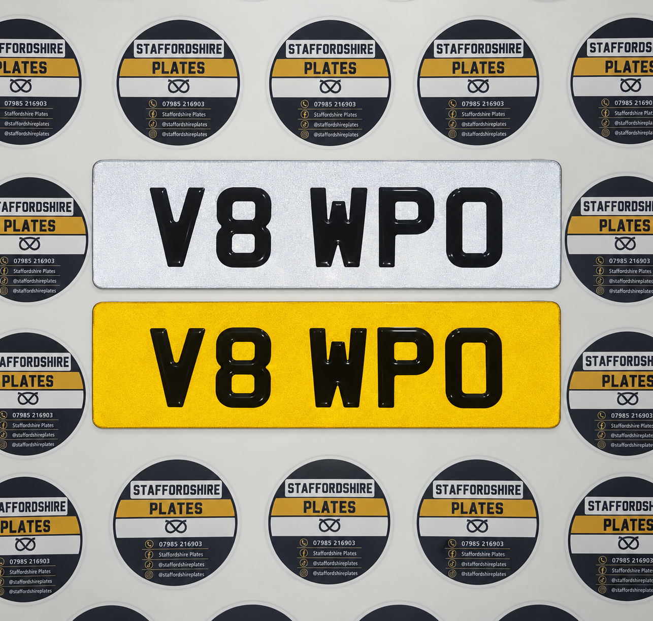 White and yellow standard car plates with compact raised 3D motorbike gel characters