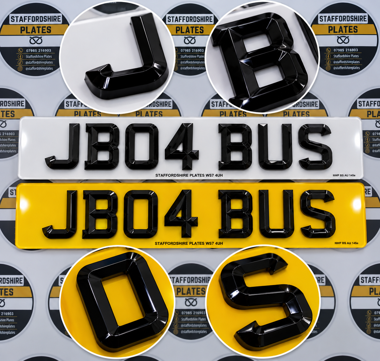 White and yellow 4D retro beveled edge Staffordshire Plates registration plates
